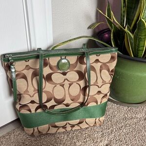 Coach Brown Signature Canvas Tote with Green Trim